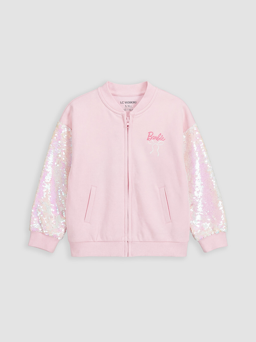 Pembe Kolej Yaka Barbie Baskılı Kız Çocuk Fermuarlı Sweatshirt