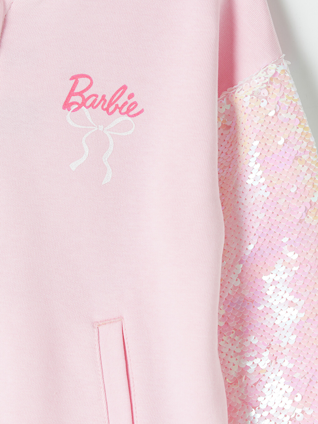 Pembe Kolej Yaka Barbie Baskılı Kız Çocuk Fermuarlı Sweatshirt-2