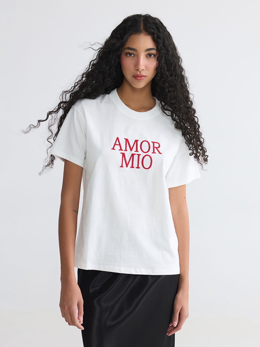 Beyaz Bisiklet Yaka Nakışlı Kadın Tişört