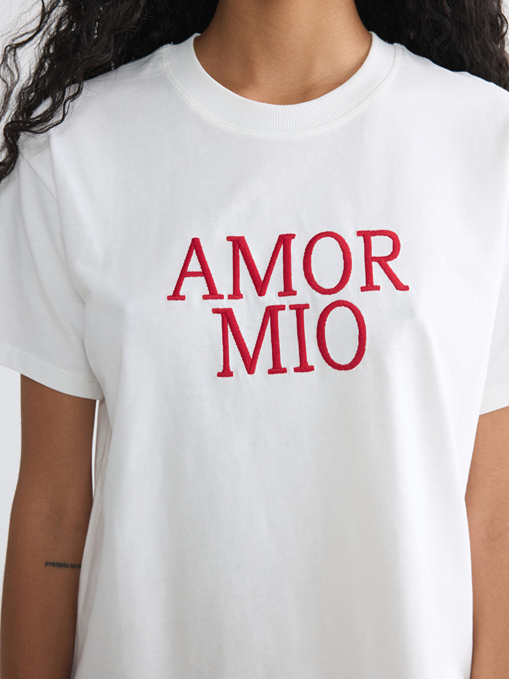 Beyaz Bisiklet Yaka Nakışlı Kadın Tişört-2