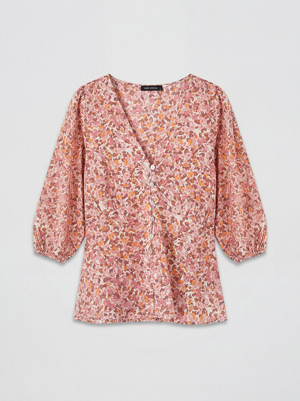 Pembe V Yaka Çiçekli Balon Kollu Bluz
