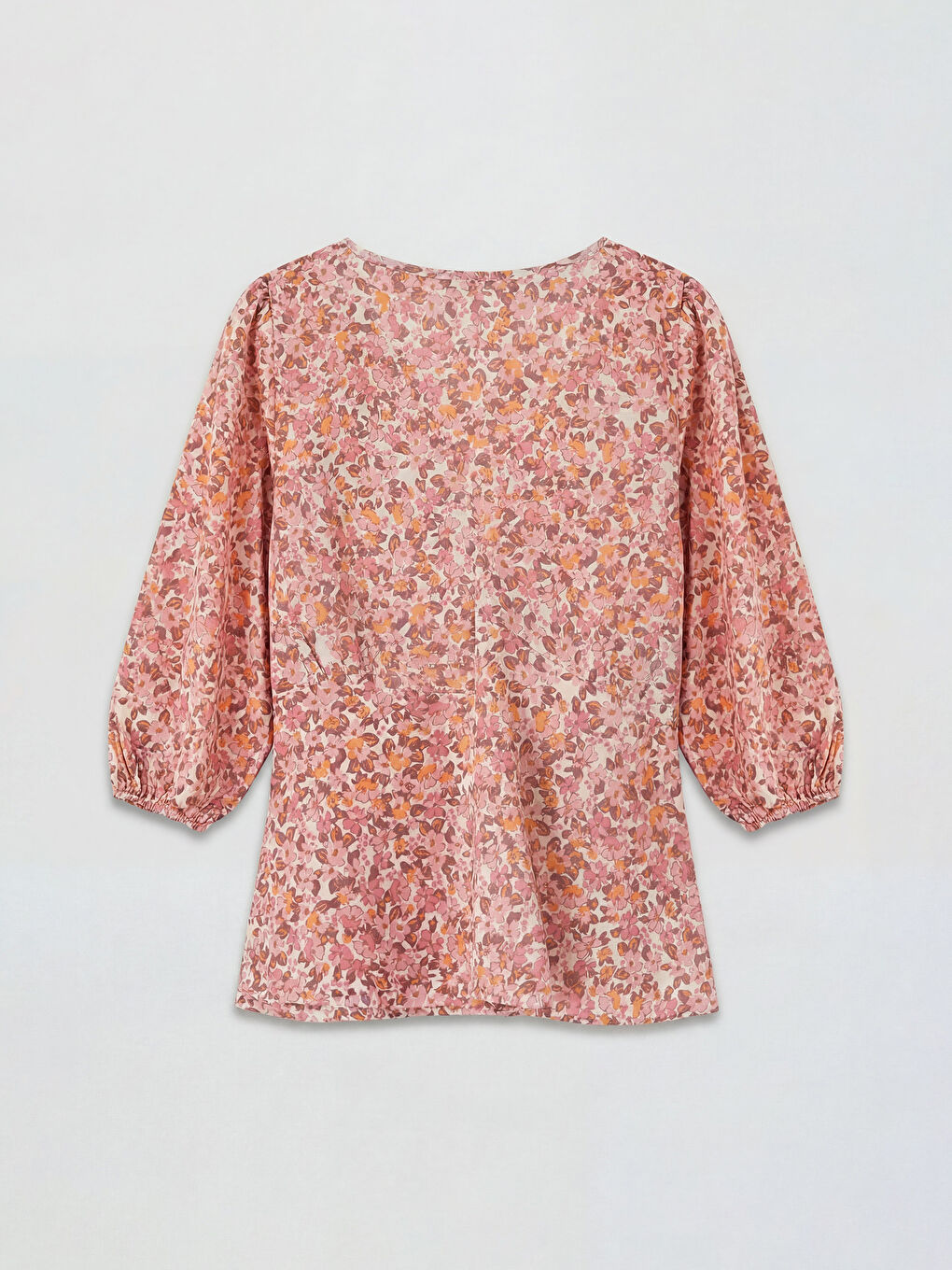 Pembe V Yaka Çiçekli Balon Kollu Bluz-1