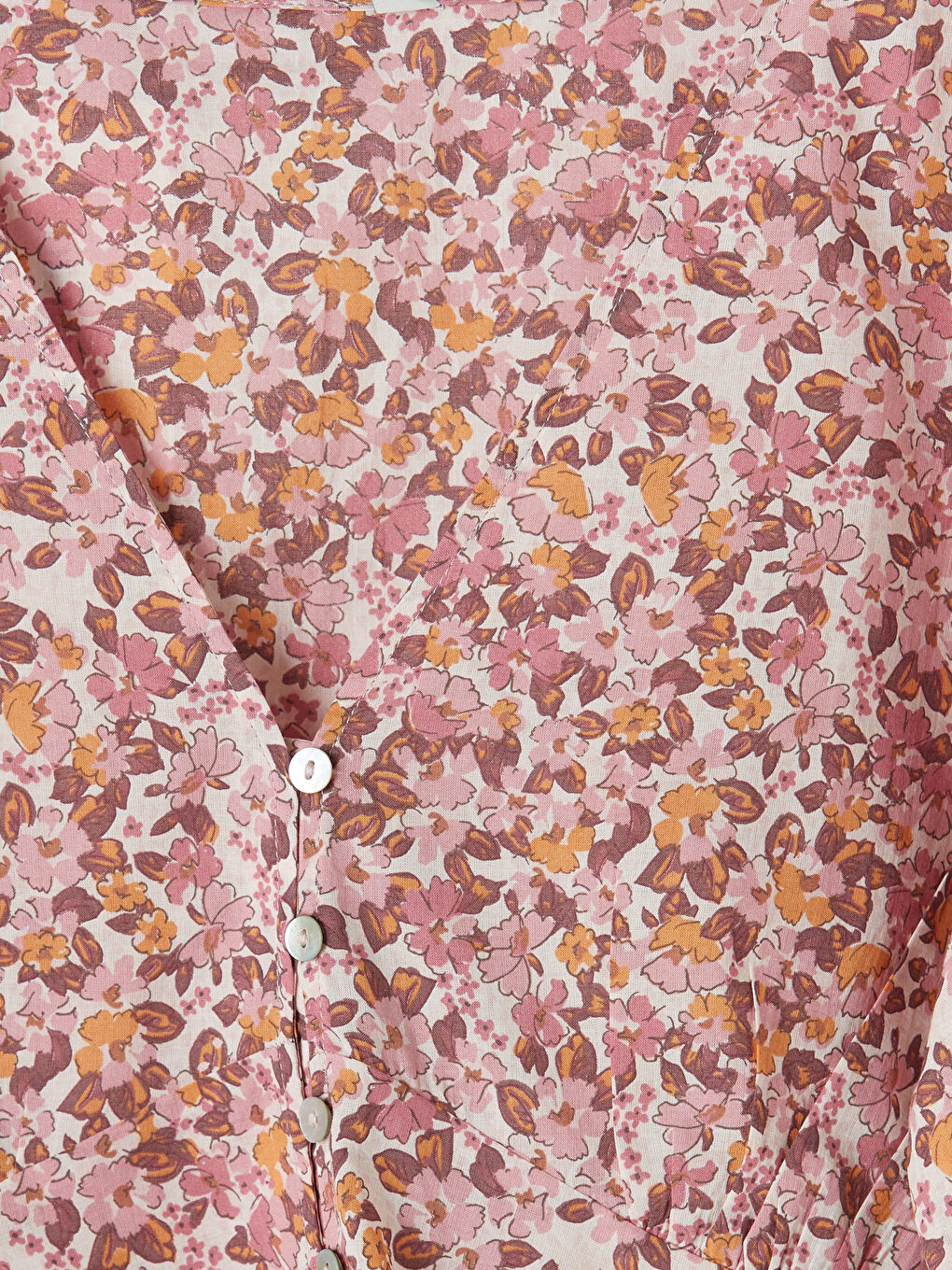 Pembe V Yaka Çiçekli Balon Kollu Bluz-2