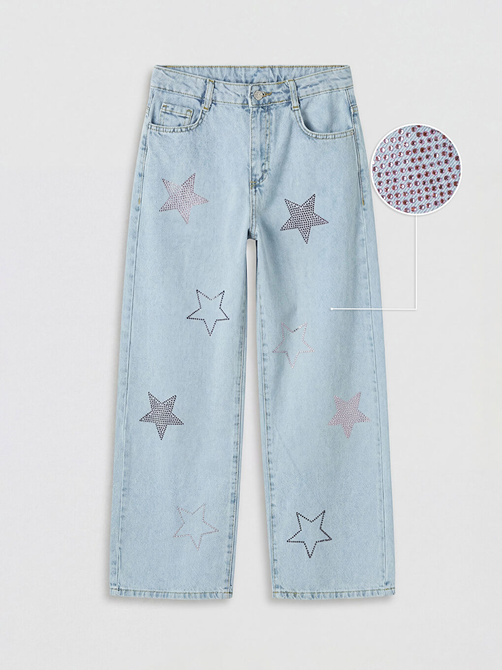 Mavi Wideleg Taş İşlemeli Kız Çocuk Jean Pantolon