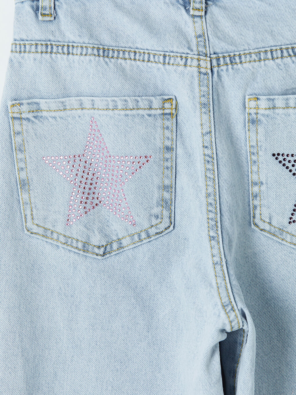 Mavi Wideleg Taş İşlemeli Kız Çocuk Jean Pantolon-3