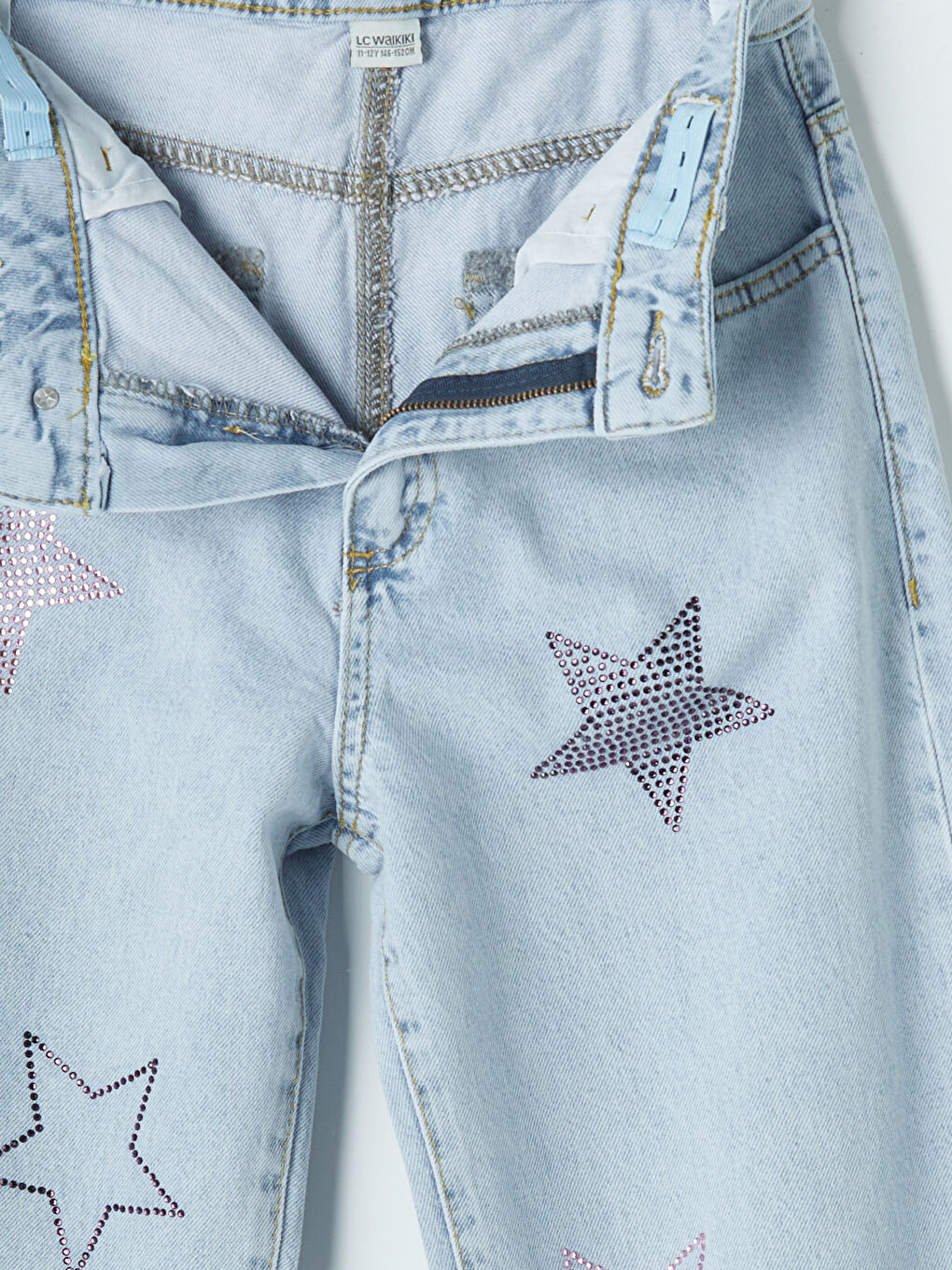 Mavi Wideleg Taş İşlemeli Kız Çocuk Jean Pantolon-4