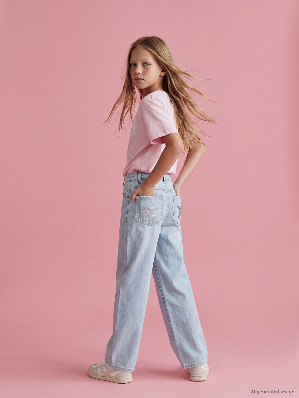 Wideleg Rhinestone Embellished Girls' Jeans-1