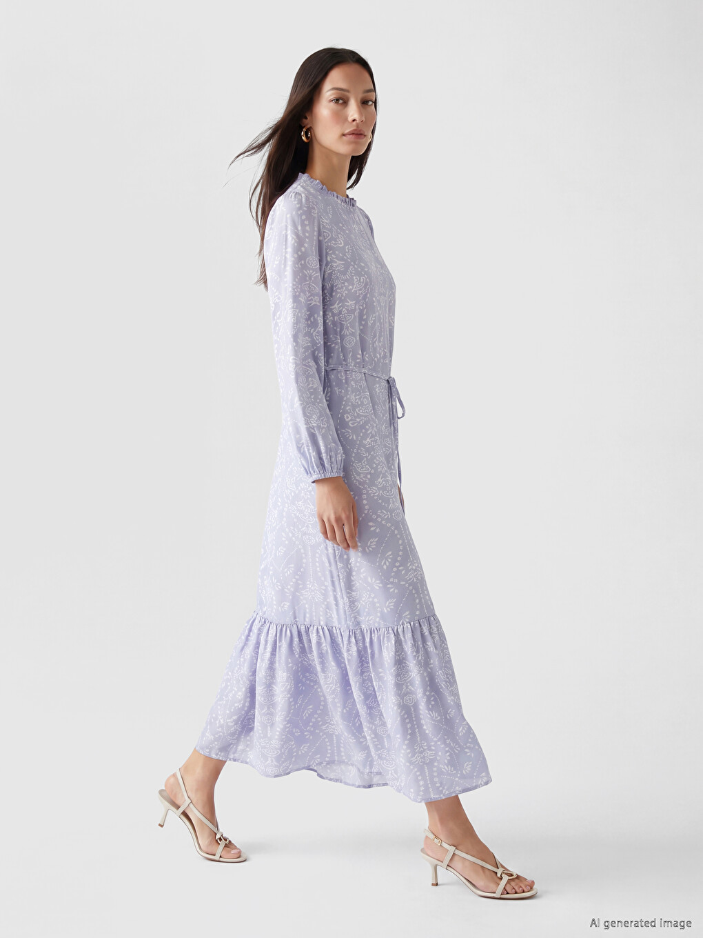 Ruffled Grandad Collar Patterned With Sash Dress