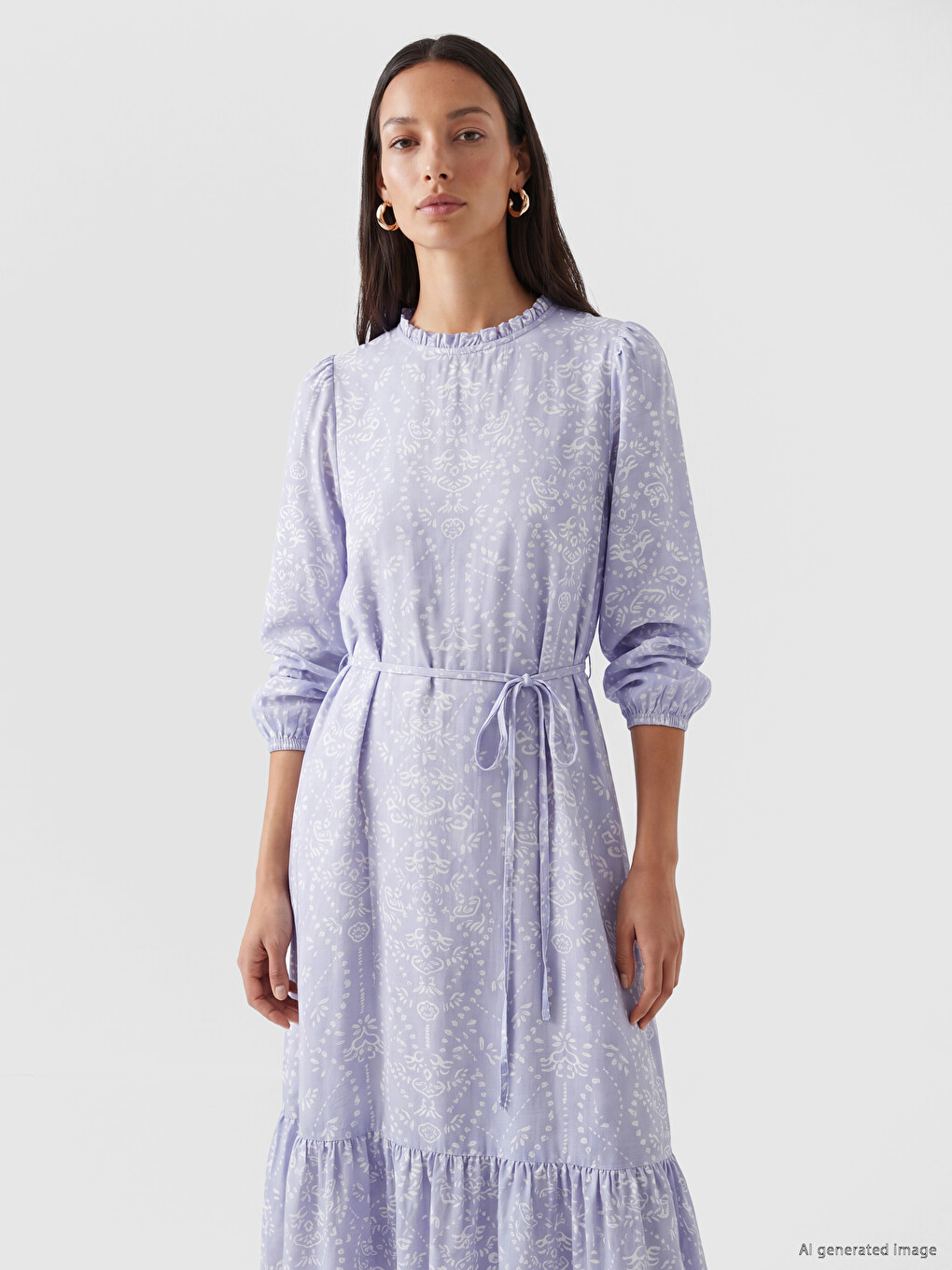 Ruffled Grandad Collar Patterned With Sash Dress-1