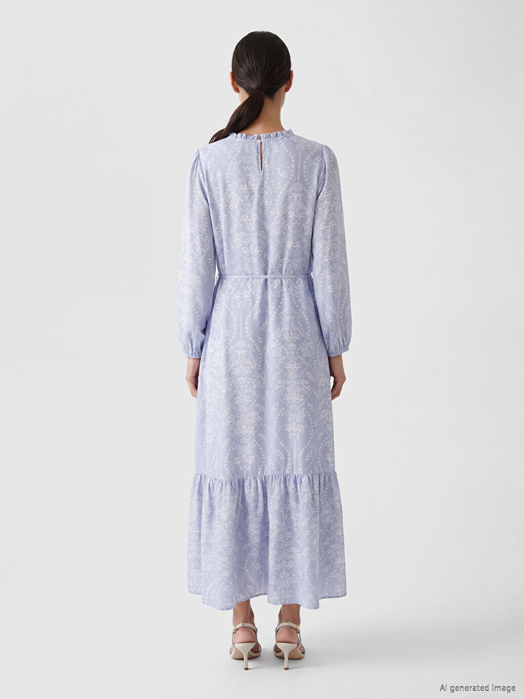 Ruffled Grandad Collar Patterned With Sash Dress-3