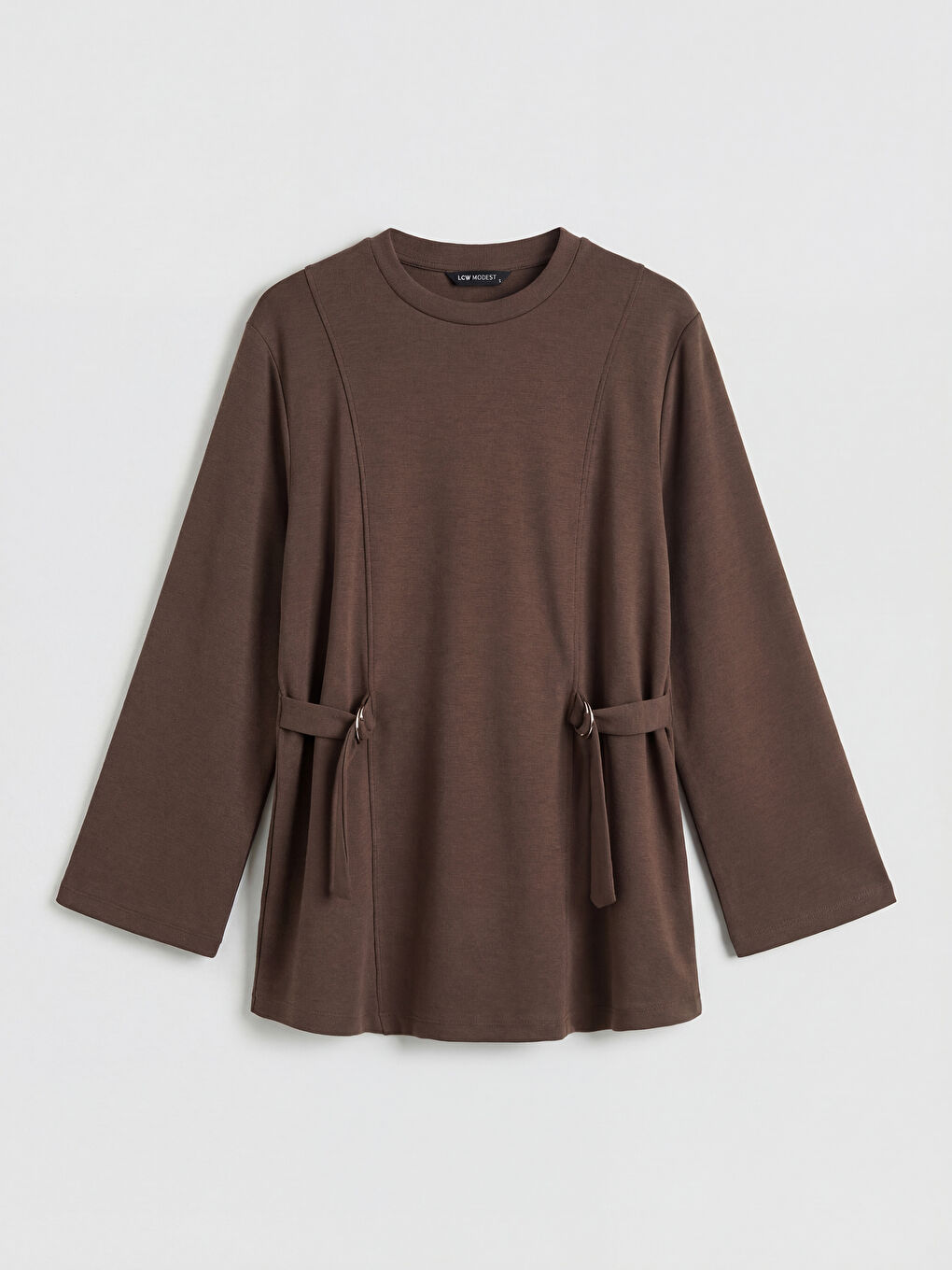 Kahverengi Bisiklet Yaka Beli Kemerli Kadın Sweatshirt Tunik