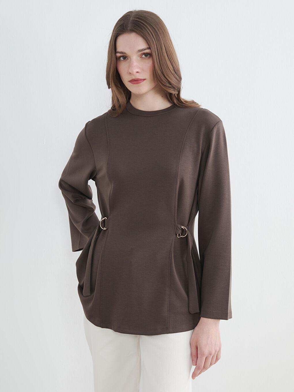 Kahverengi Bisiklet Yaka Beli Kemerli Kadın Sweatshirt Tunik