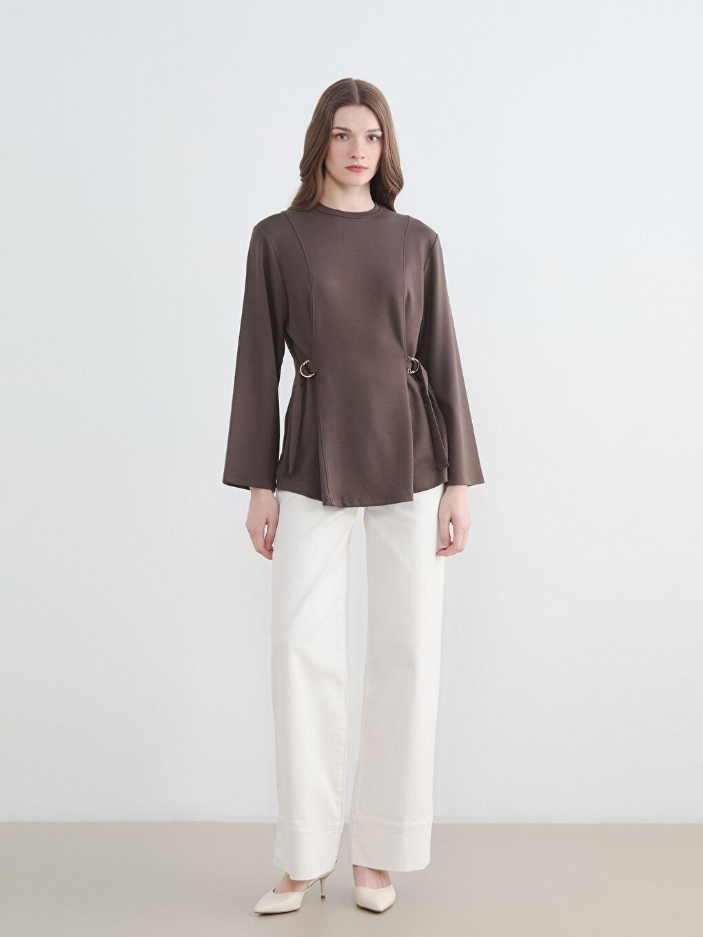 Kahverengi Bisiklet Yaka Beli Kemerli Kadın Sweatshirt Tunik-1