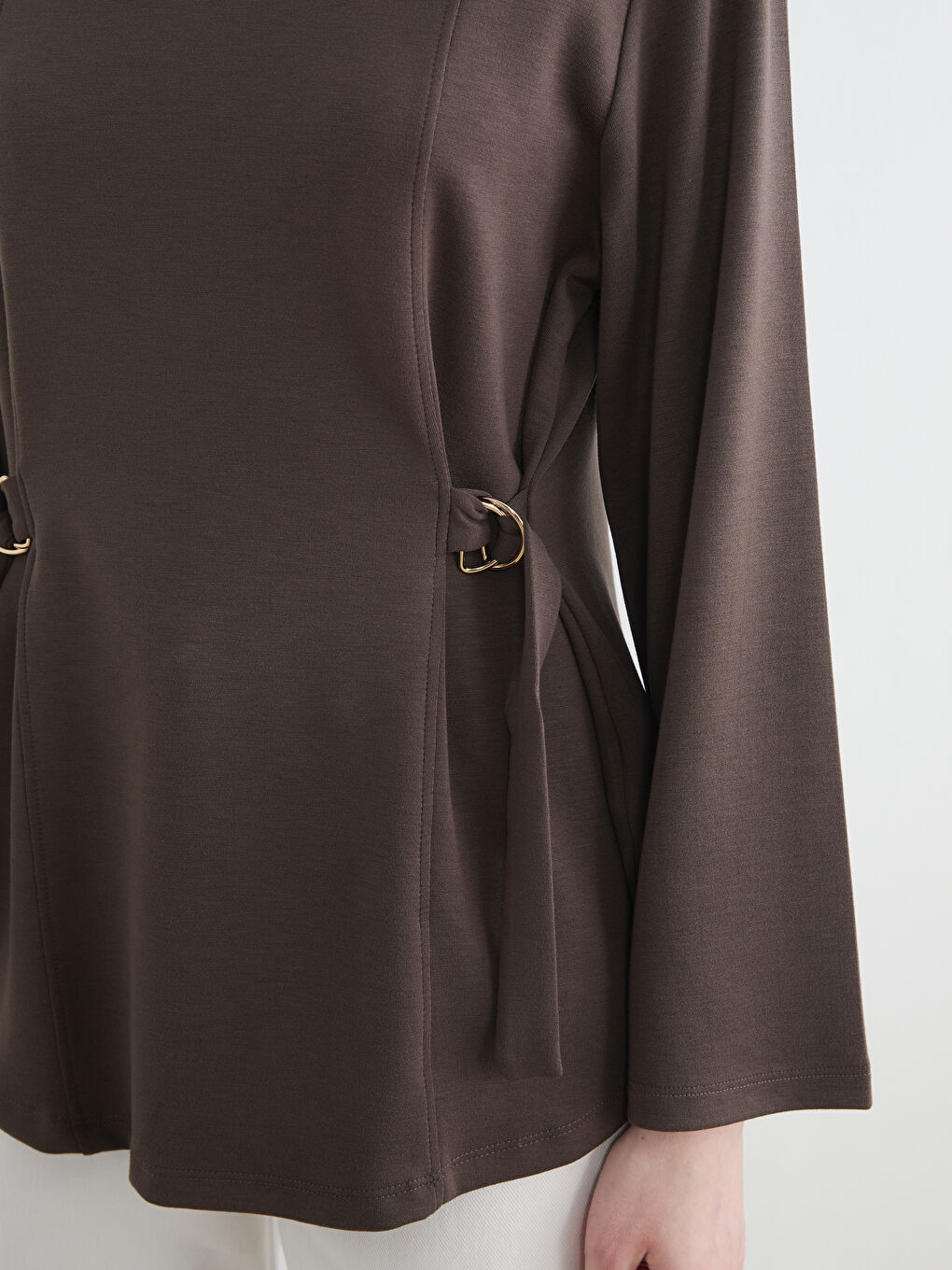 Kahverengi Bisiklet Yaka Beli Kemerli Kadın Sweatshirt Tunik-2