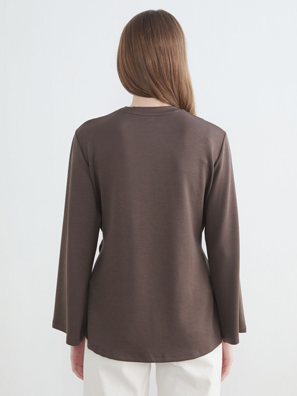 Kahverengi Bisiklet Yaka Beli Kemerli Kadın Sweatshirt Tunik-3