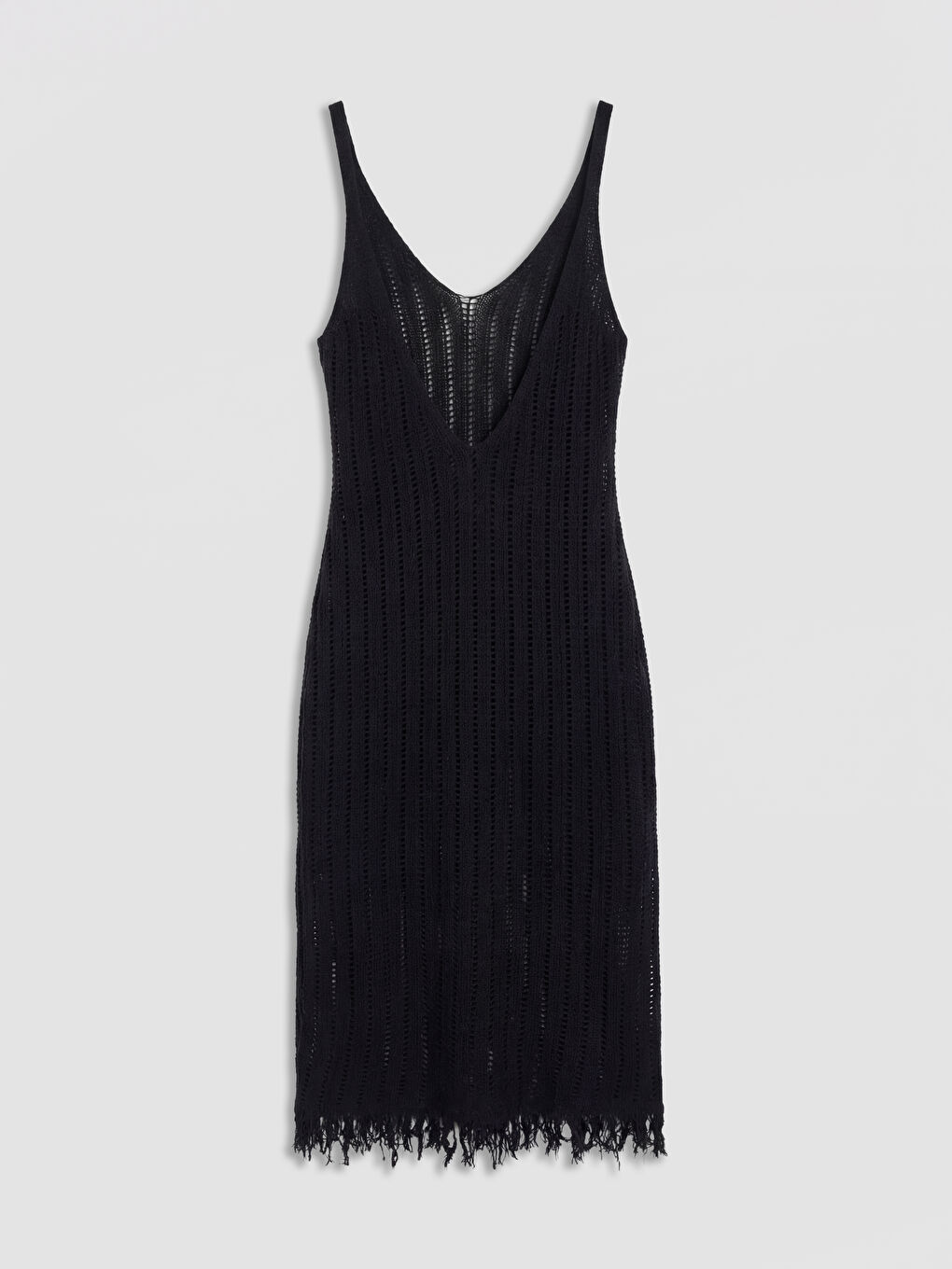 Siyah V Yaka Ajurlu Saçaklı Plaj Elbisesi-1