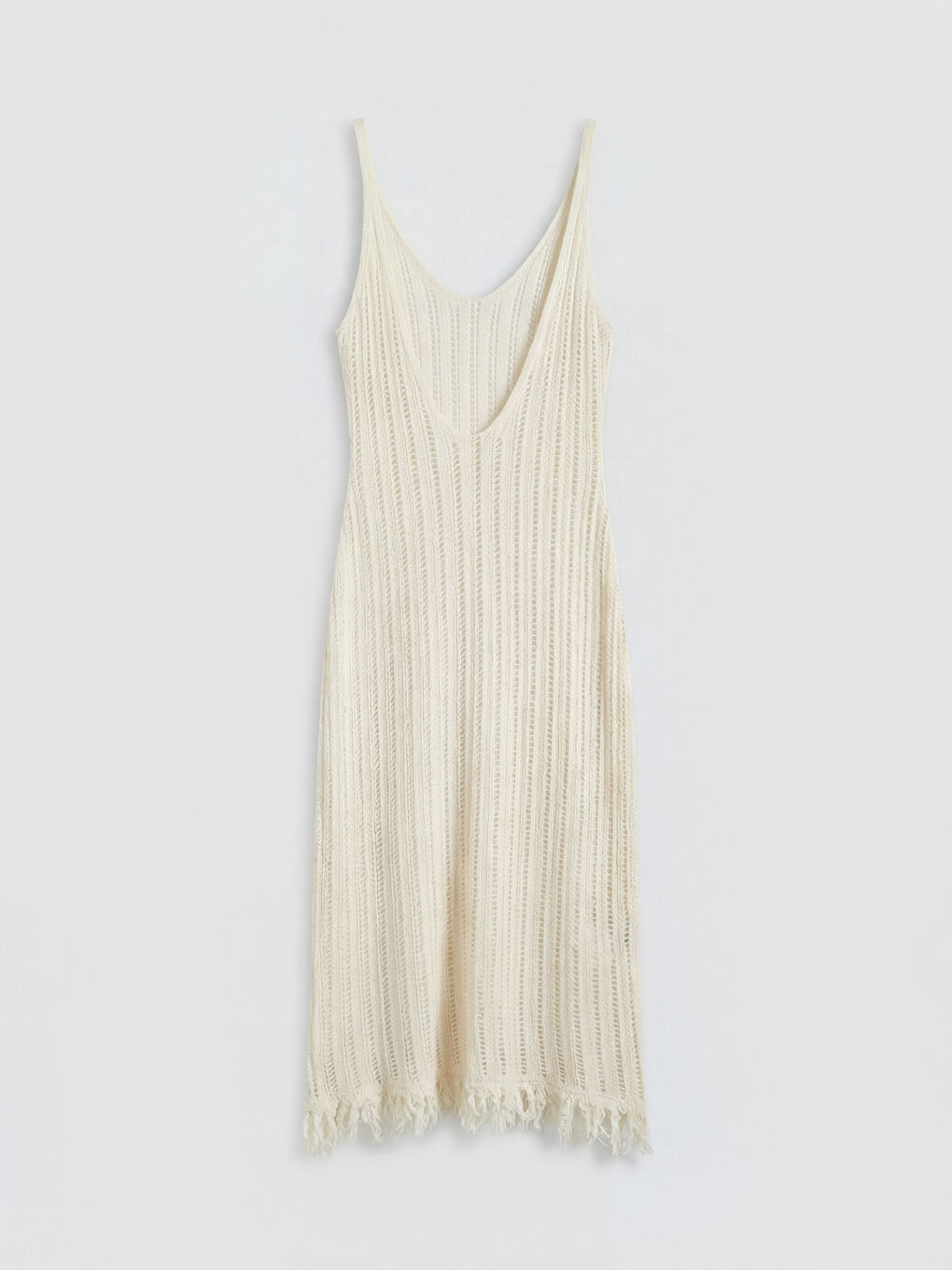 Bej V Yaka Ajurlu Saçaklı Plaj Elbisesi-1