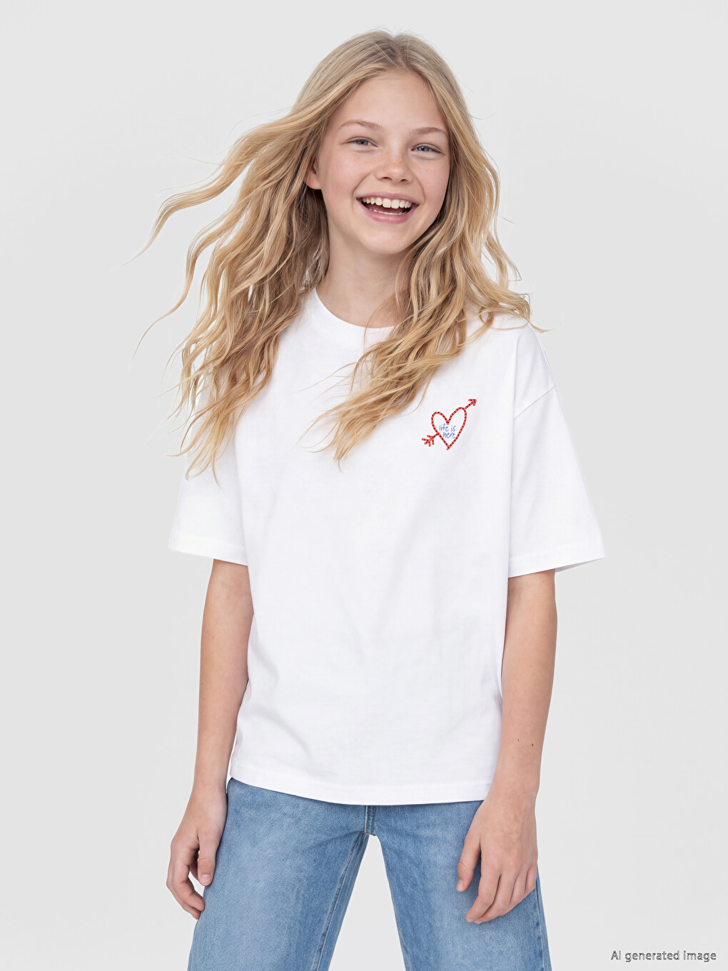 Beyaz Loose Fit Baskılı Kız Çocuk Tişört