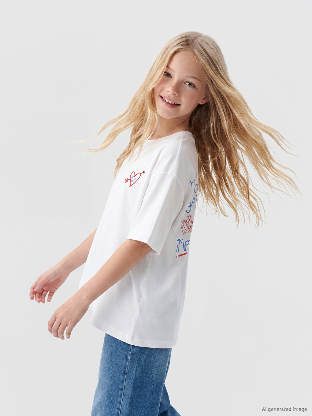 Beyaz Loose Fit Baskılı Kız Çocuk Tişört-1