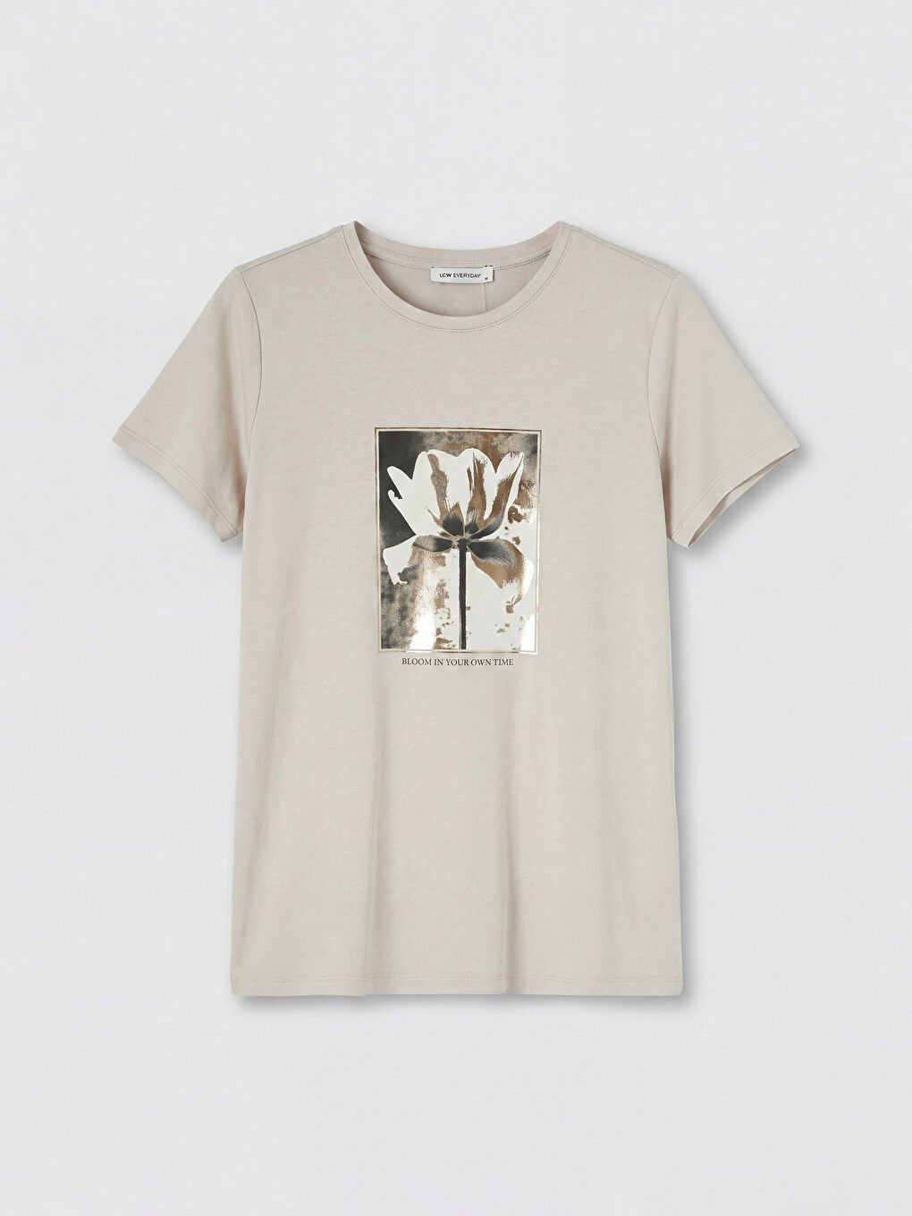 Gri Bisiklet Yaka Baskılı Kadın Tişört