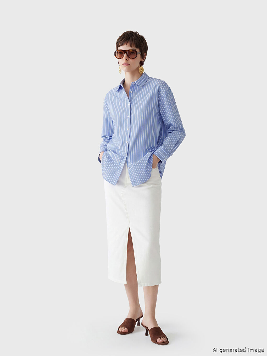 Mavi Çizgili Dantel Detaylı Kadın Gömlek-1