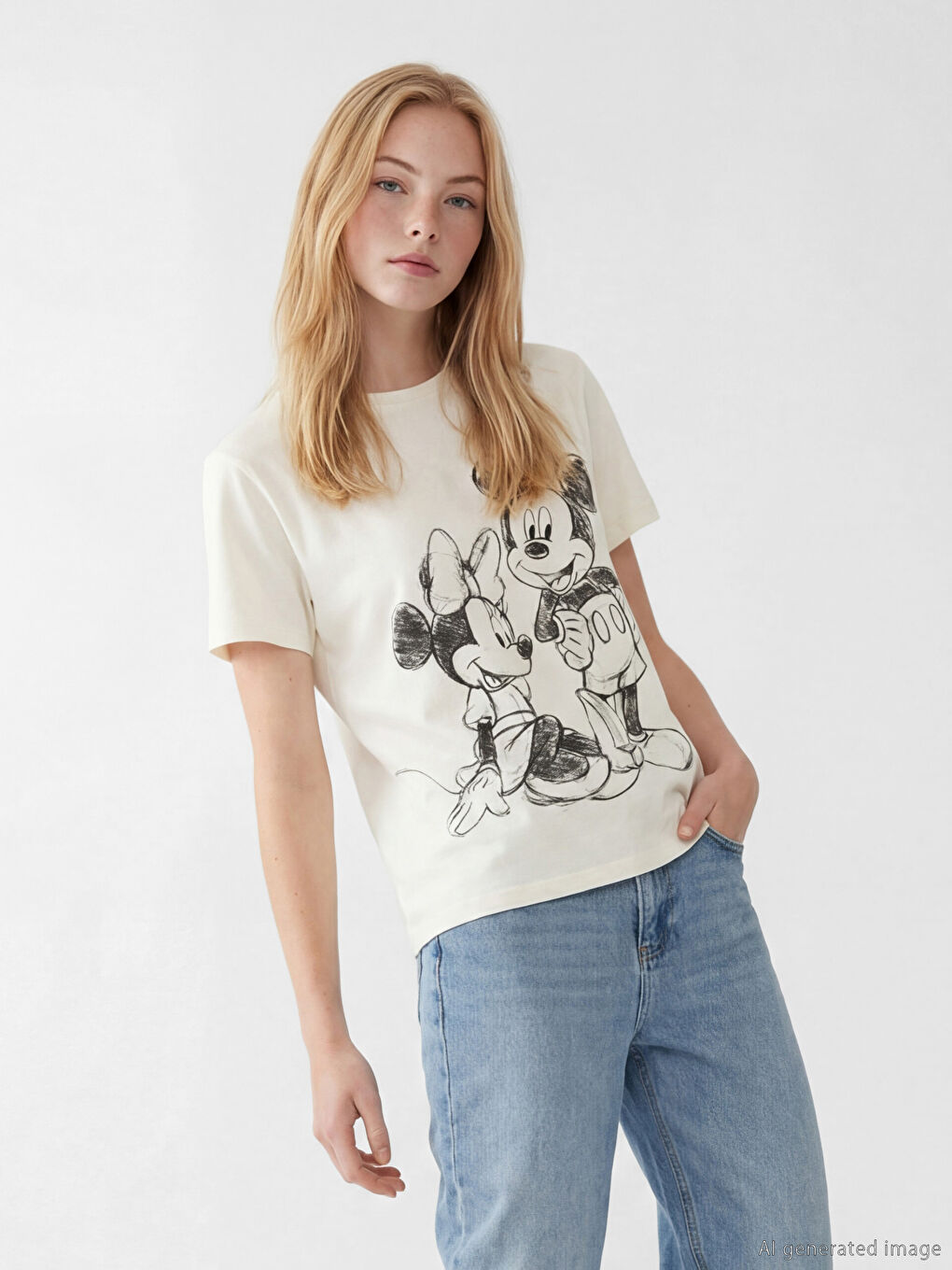 Bej Mickey Mouse Baskılı Kadın Tişört