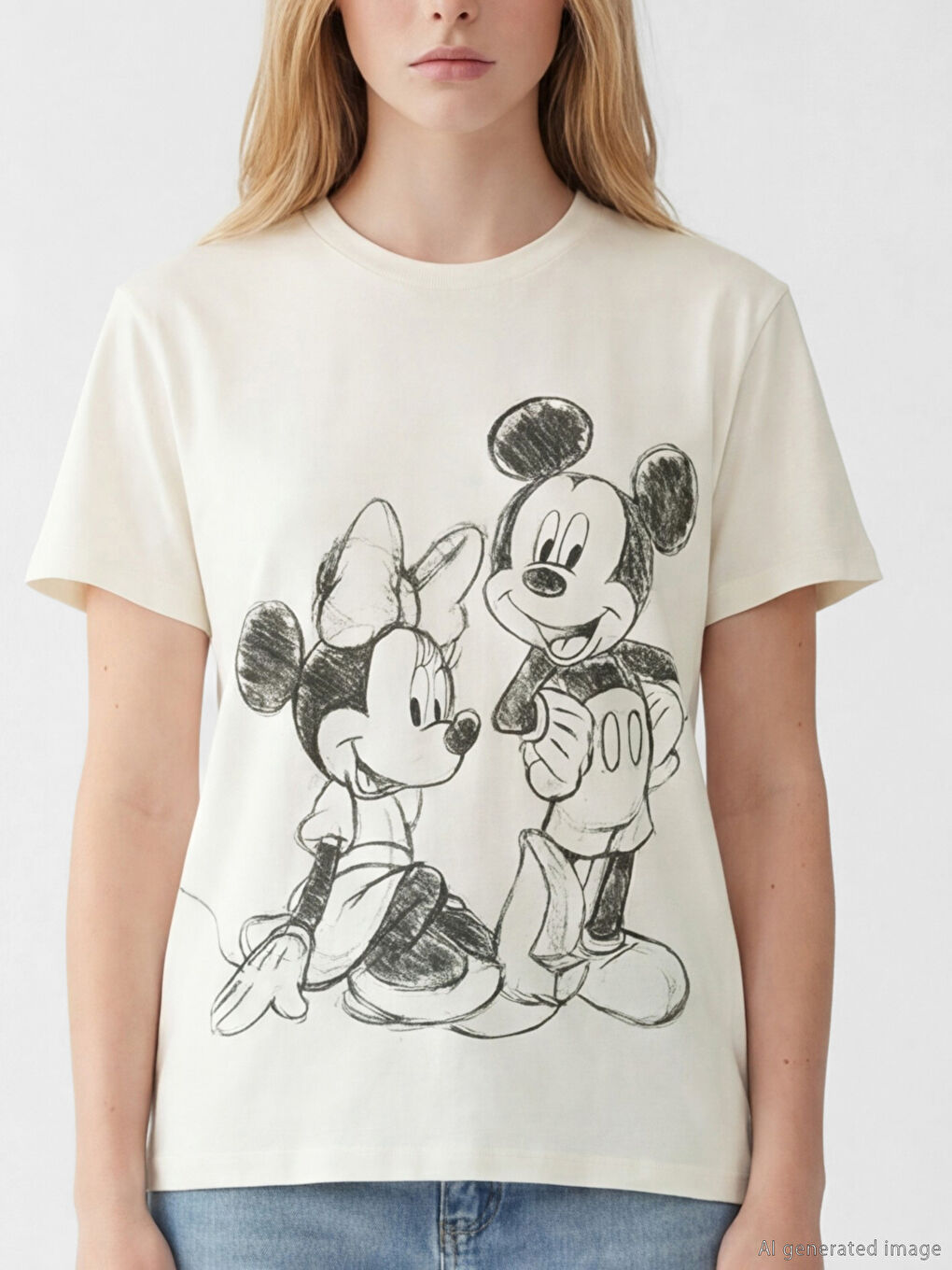 Bej Mickey Mouse Baskılı Kadın Tişört-2