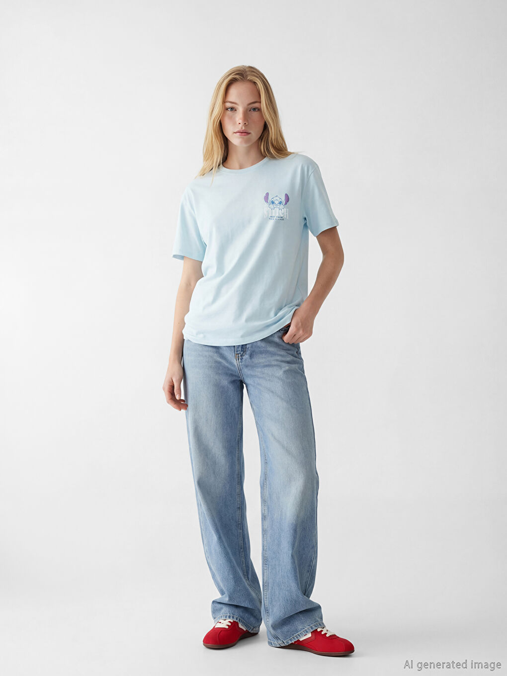 მრგვალი საყელო Stitch ნაბეჭდი ქალის მაისური-1