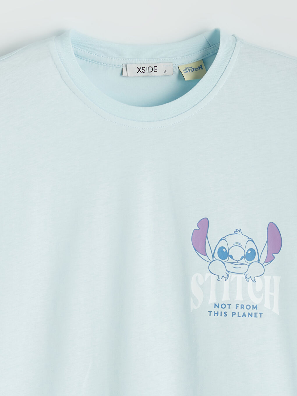 Mavi Bisiklet Yaka Stitch Baskılı Kadın Tişört-5