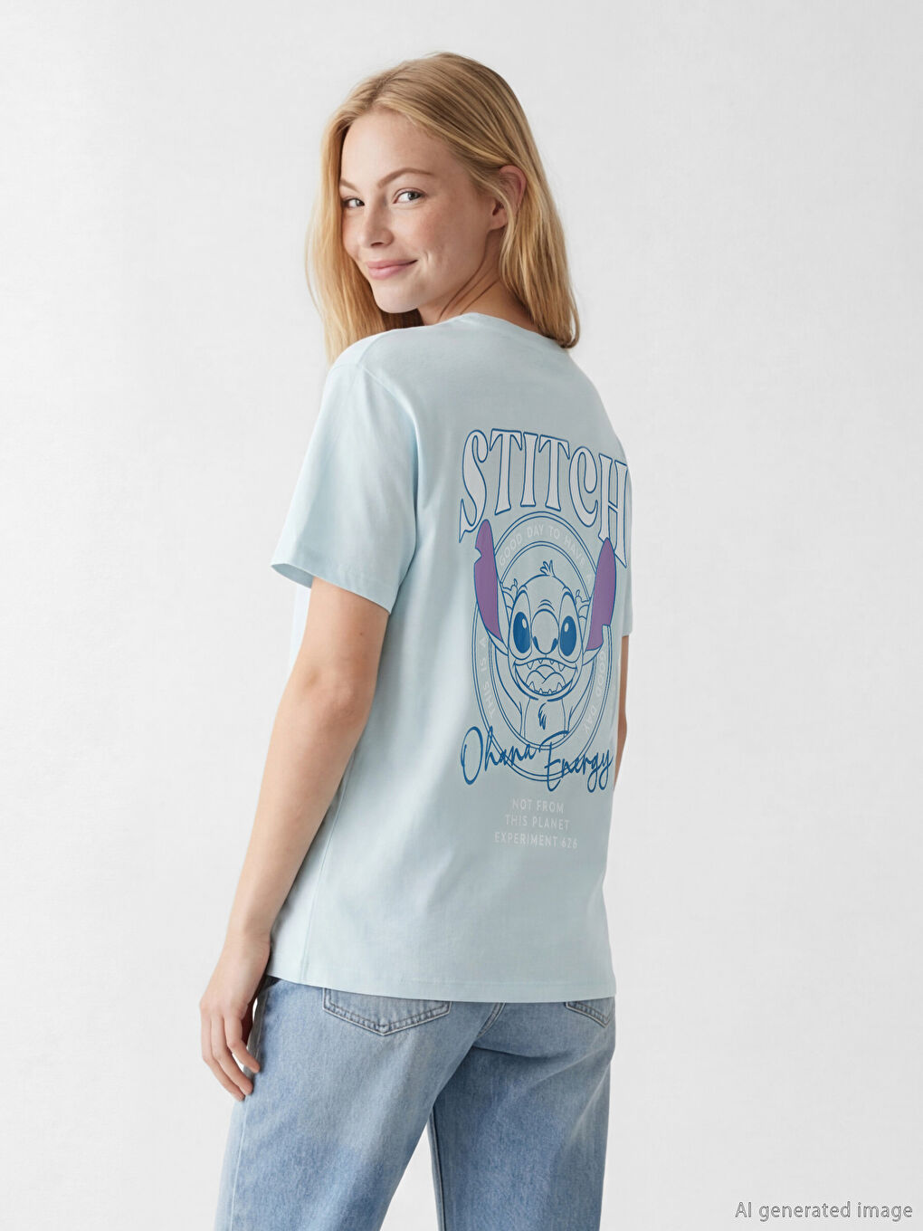 Mavi Bisiklet Yaka Stitch Baskılı Kadın Tişört