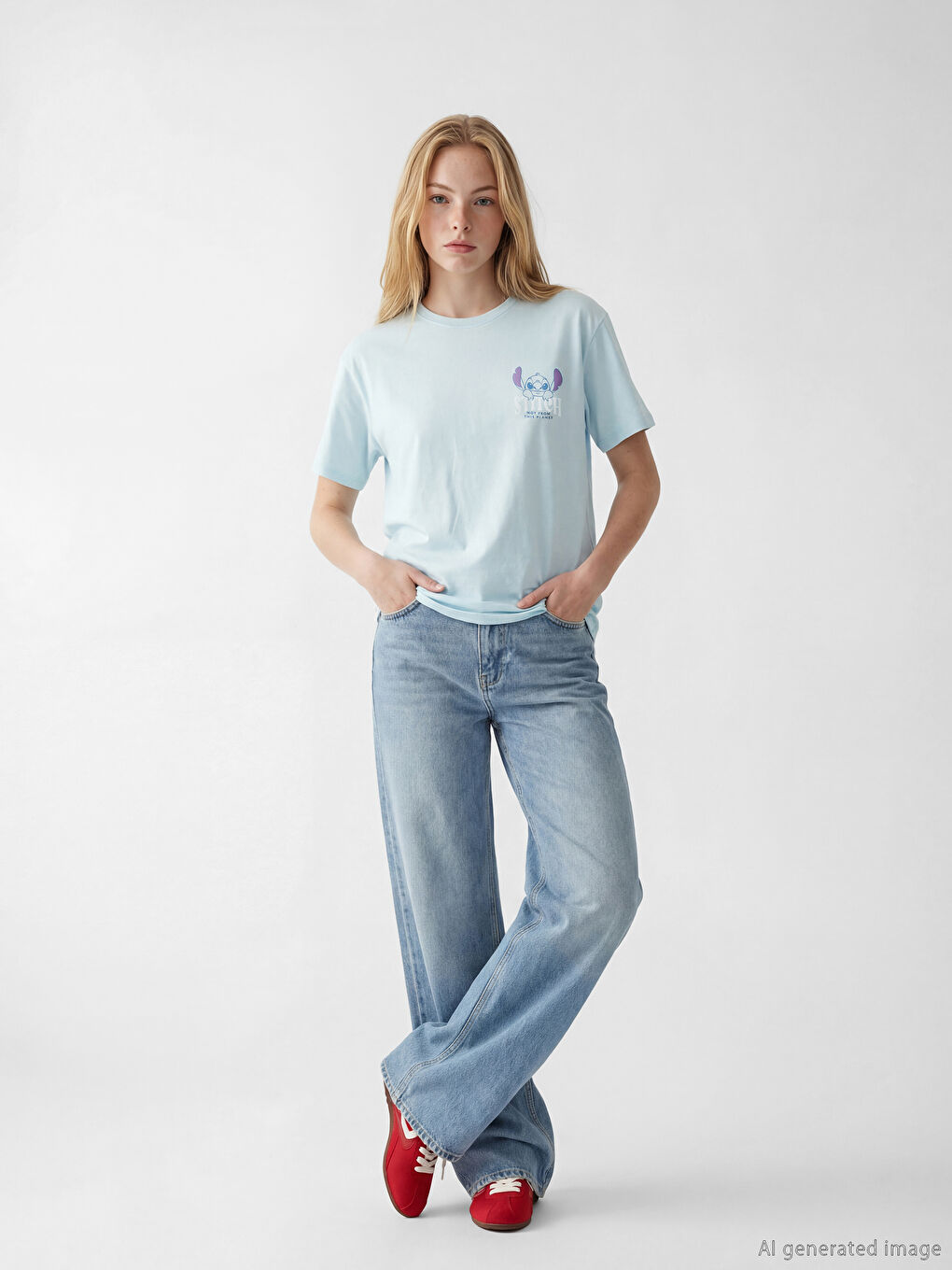 Mavi Bisiklet Yaka Stitch Baskılı Kadın Tişört-1