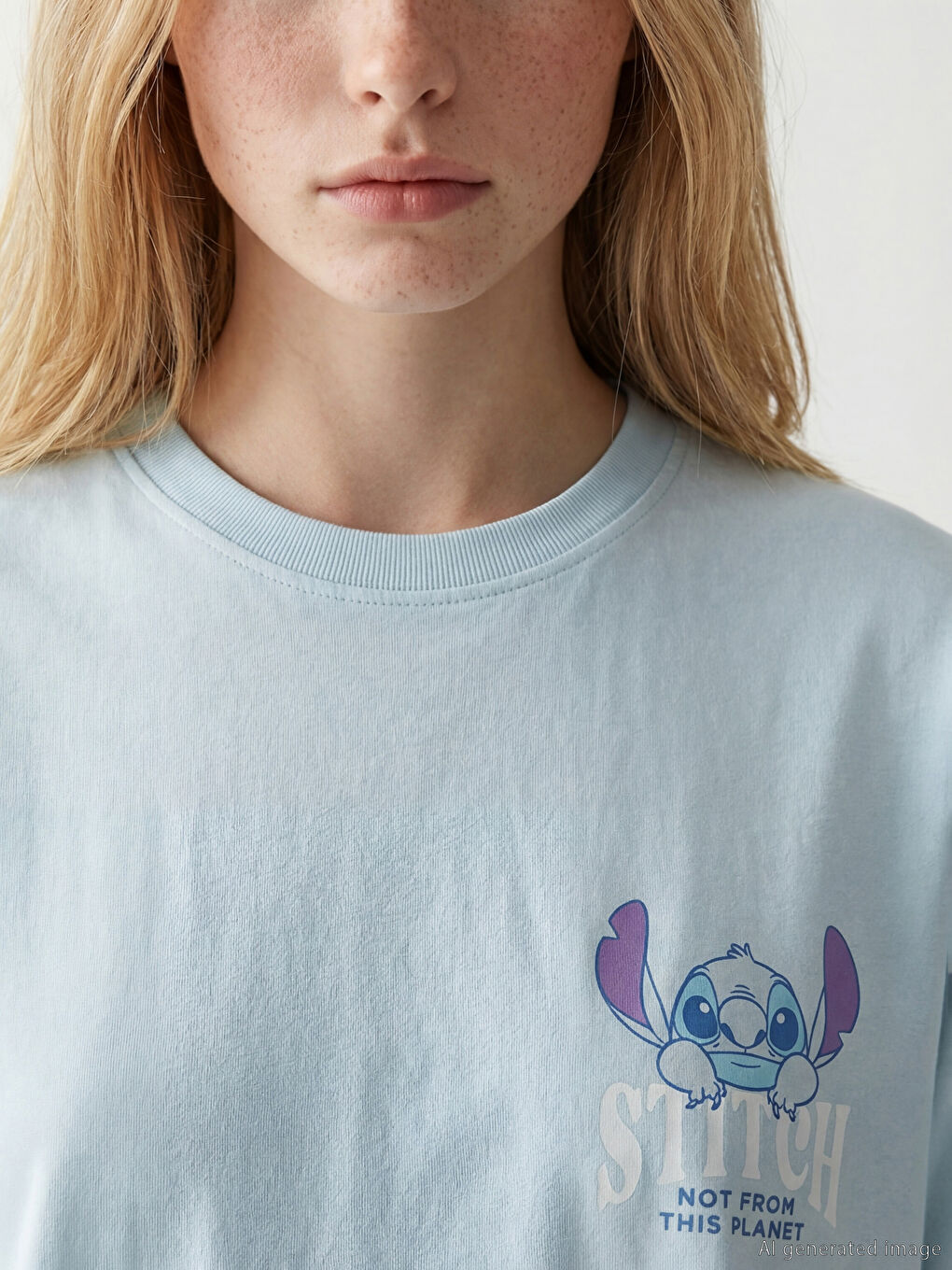 Mavi Bisiklet Yaka Stitch Baskılı Kadın Tişört-2