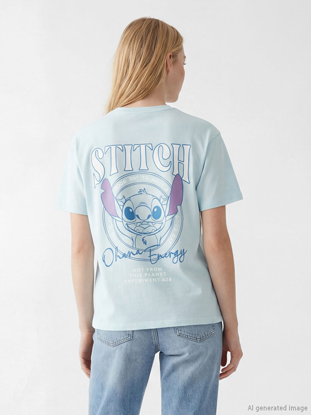 Mavi Bisiklet Yaka Stitch Baskılı Kadın Tişört-3