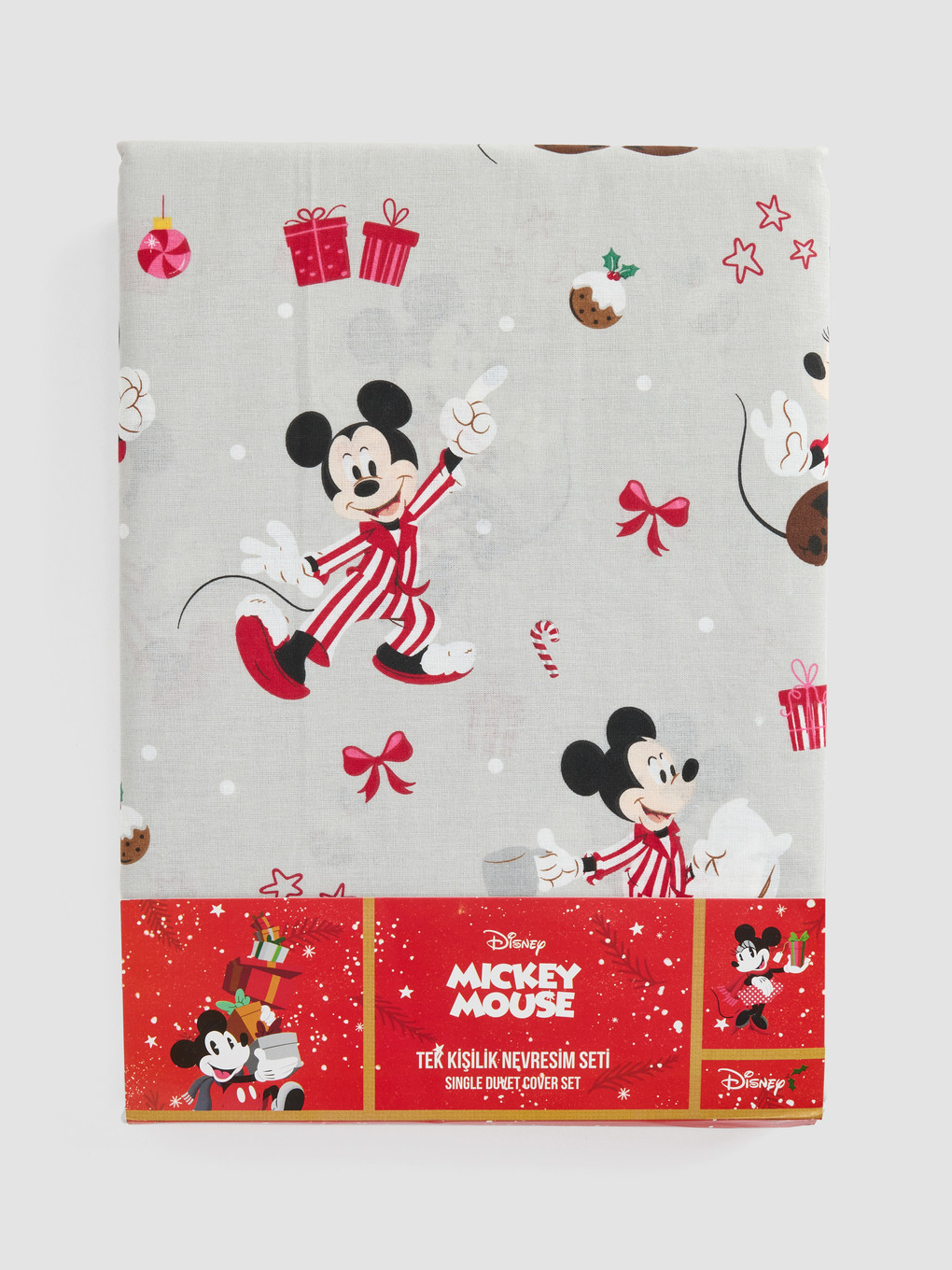 Gri Mickey Mouse Baskılı Pamuklu Tek Kişilik Nevresim Seti-1