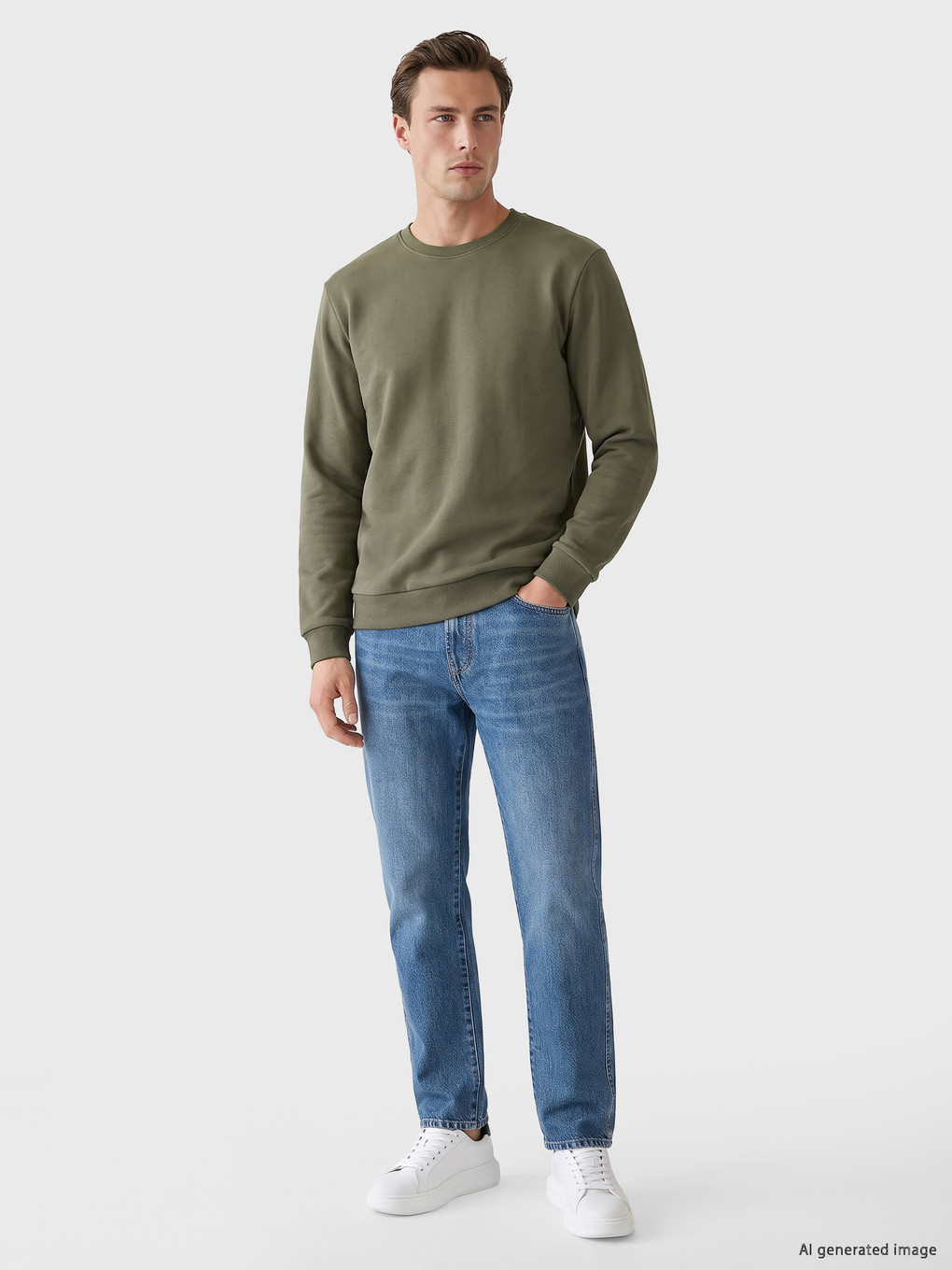 Haki Bisiklet Yaka Erkek Sweatshirt-1