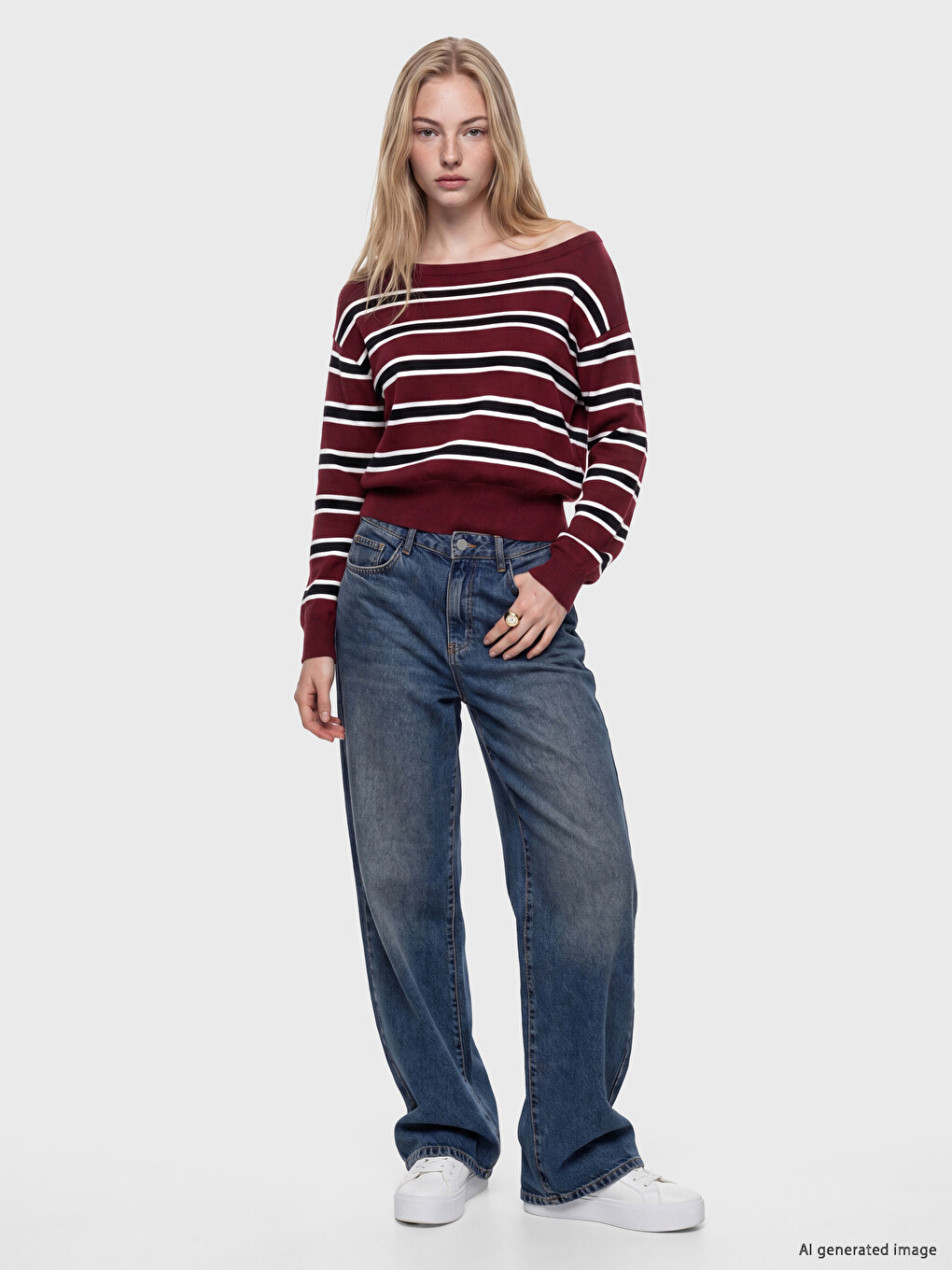Slash Neck Striped Women's Knitwear Sweater-1
