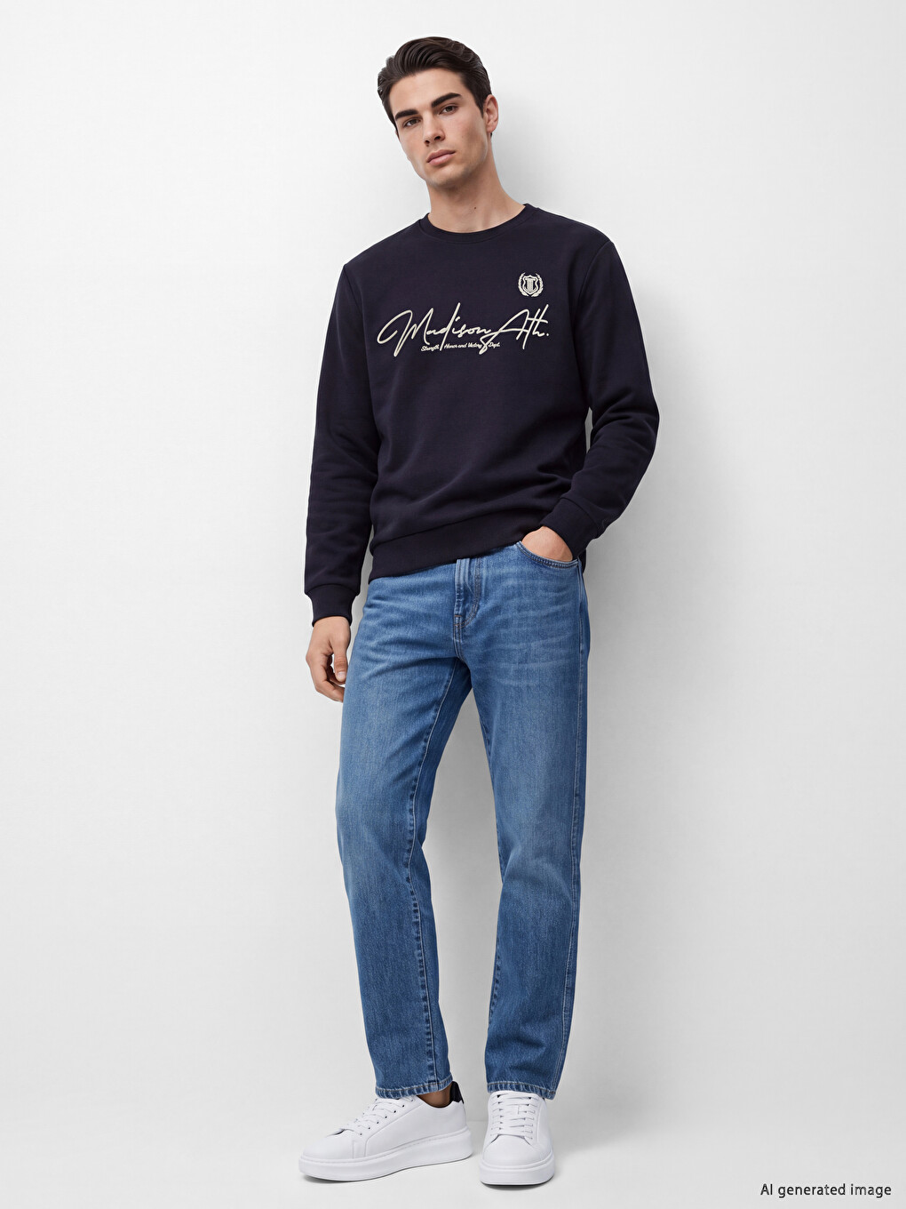 Lacivert Bisiklet Yaka Baskılı Erkek Sweatshirt-1