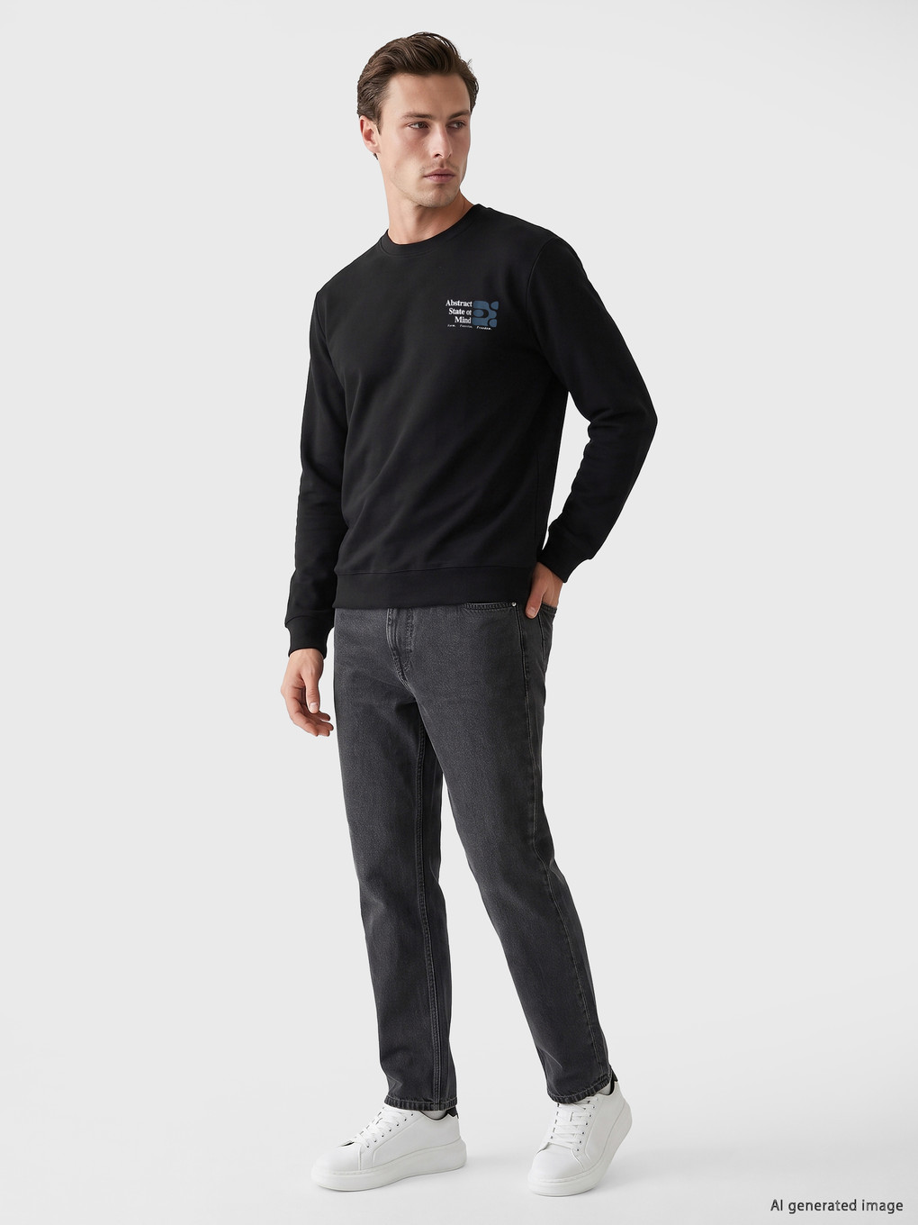 Siyah Bisiklet Yaka Baskılı Erkek Sweatshirt-1