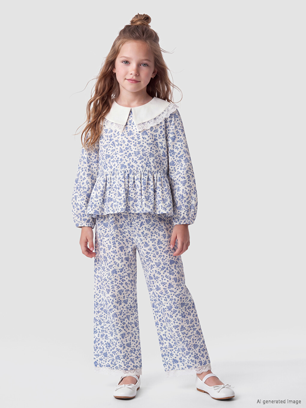 Ekru Çiçekli Kız Çocuk Bluz Ve Pantolon-2