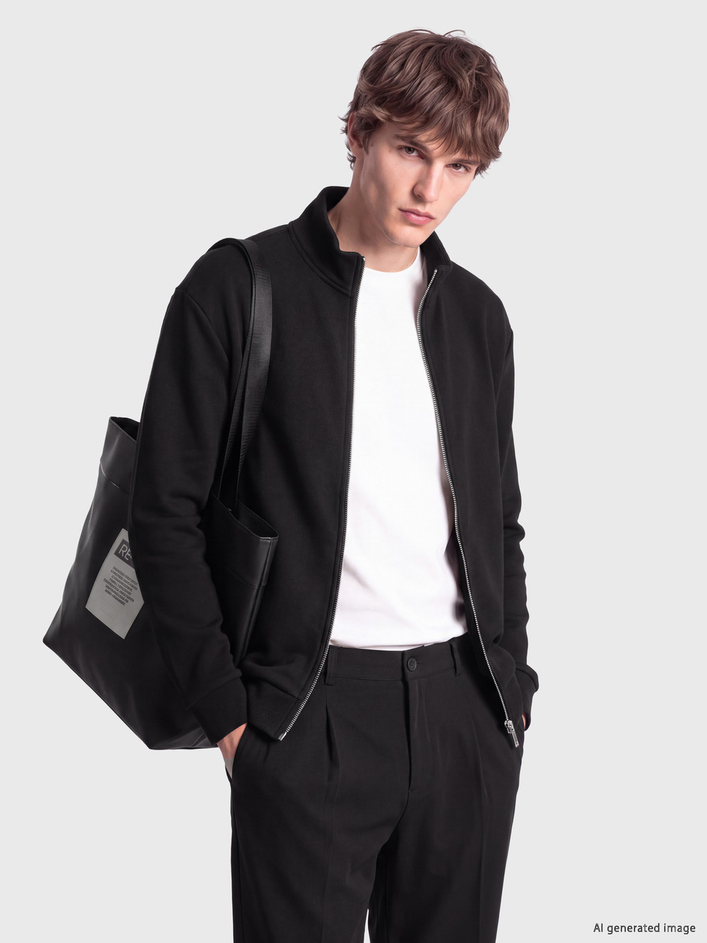 Siyah Loose Fit Dik Yaka Fermuarlı Sweatshirt