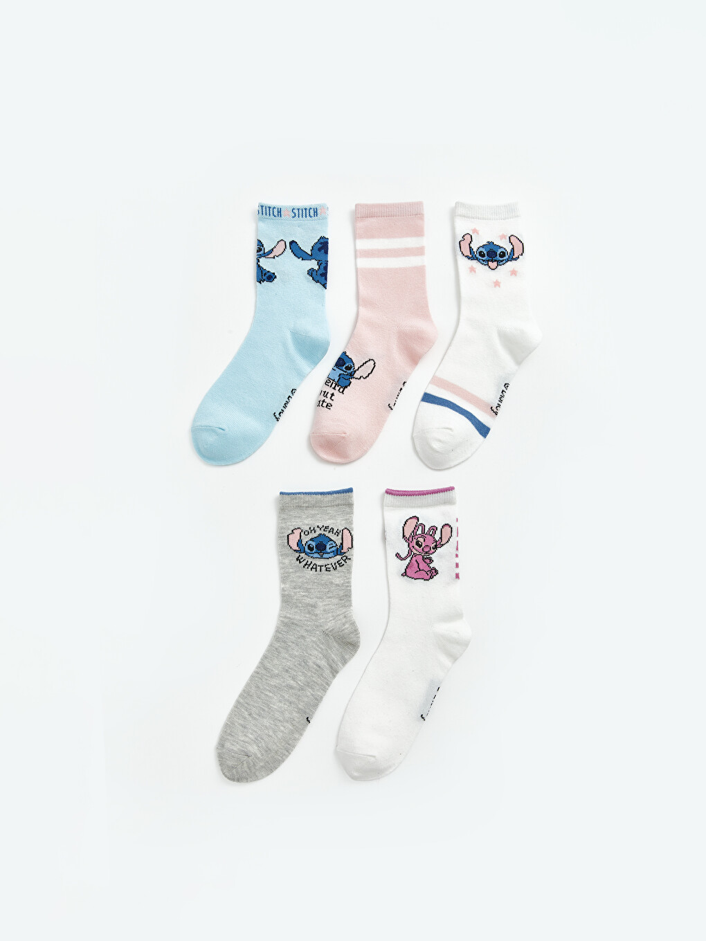 5 Pieces Stitch And Angel Printed Girls' Ankle Socks