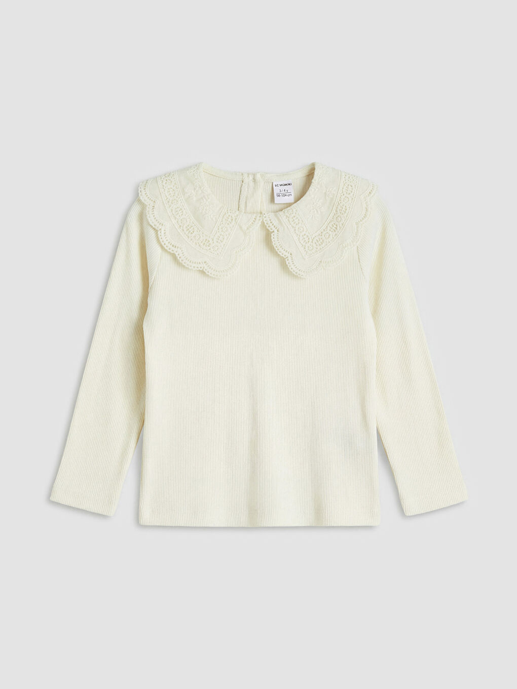 Ekru Bebe Yaka Uzun Kollu Kız Çocuk Tişört