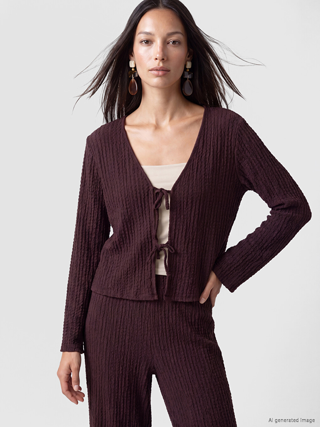 V Neck Tied Textured Blouse