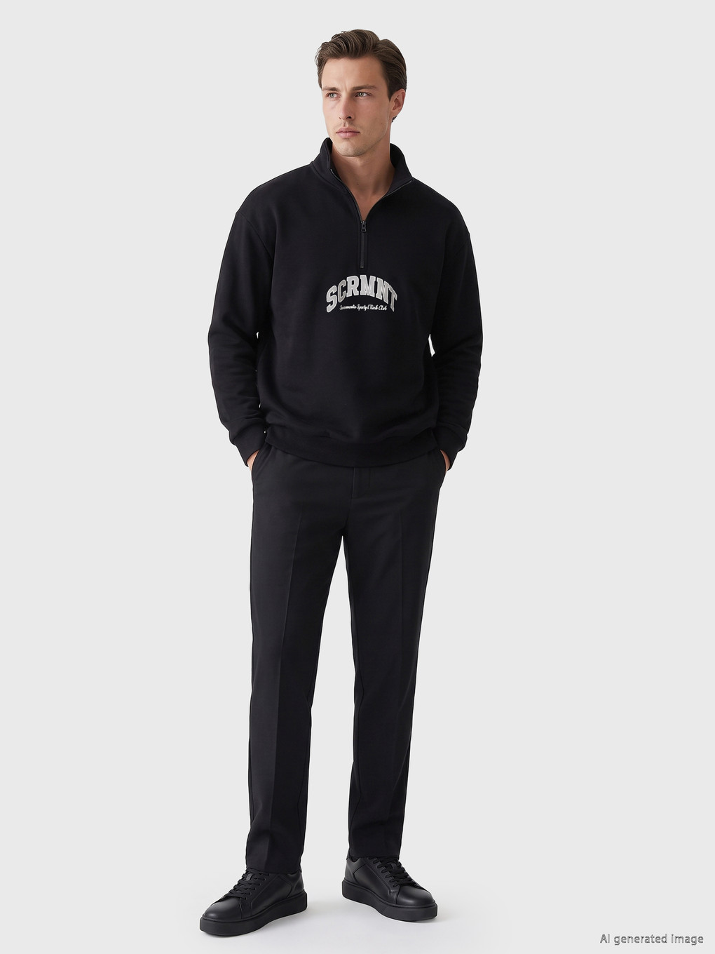 Siyah Dik Yaka Baskılı Erkek Sweatshirt-1