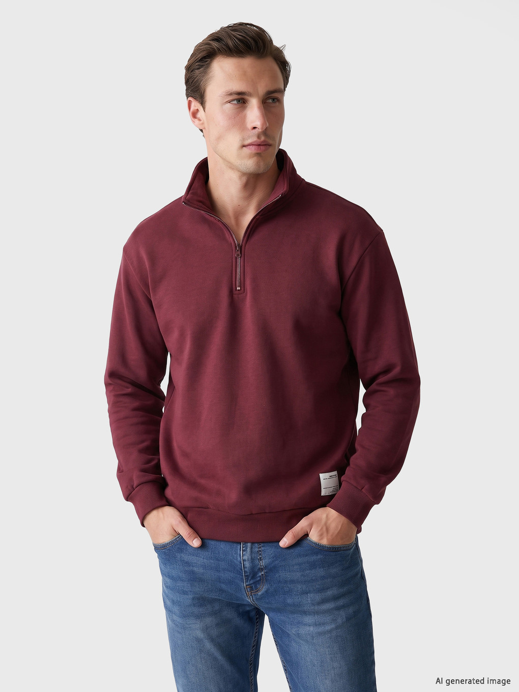 Bordo Dik Yaka Erkek Sweatshirt
