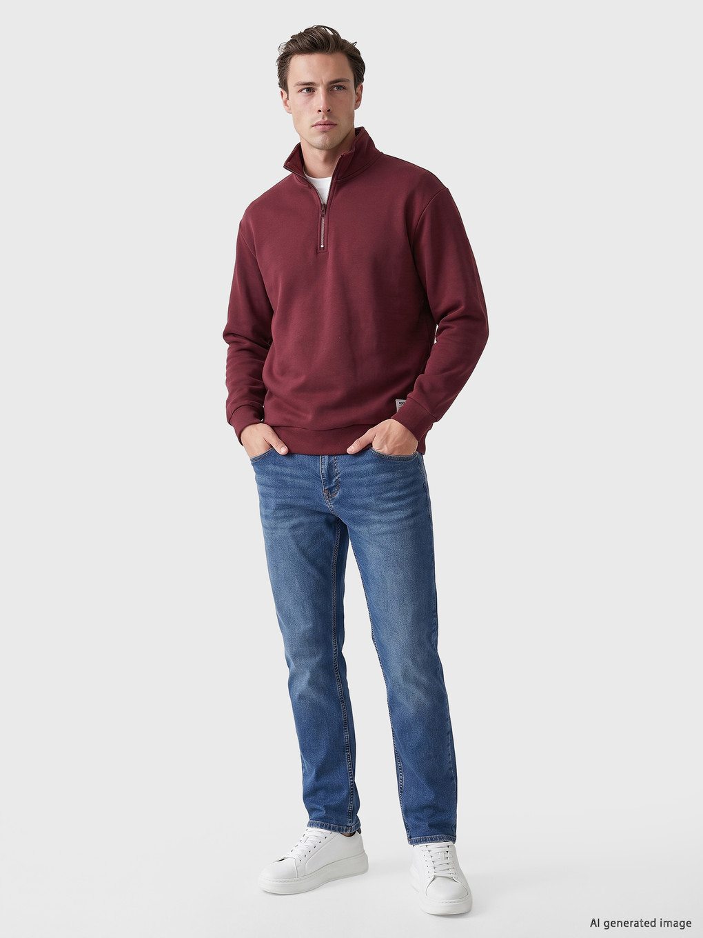 Bordo Dik Yaka Erkek Sweatshirt-1