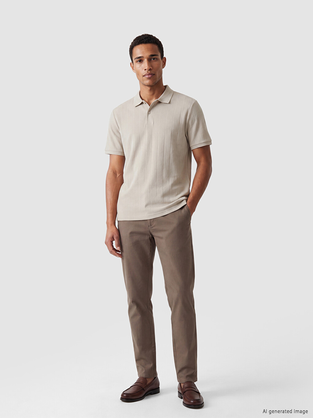 Bej Polo Yaka Standart Fit Ribana Erkek Tişört-1