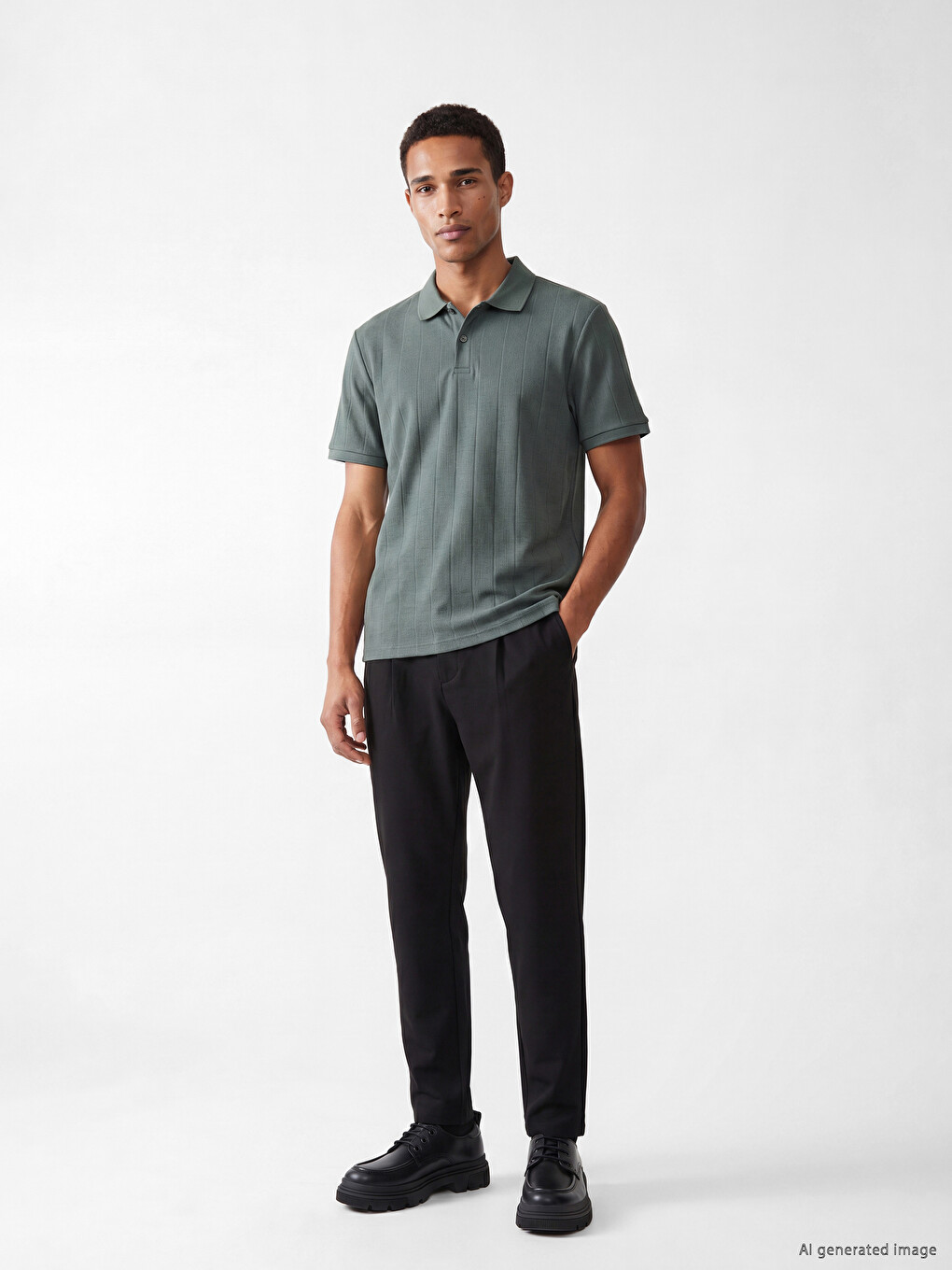 Yeşil Polo Yaka Standart Fit Çizgili Erkek Tişört-1