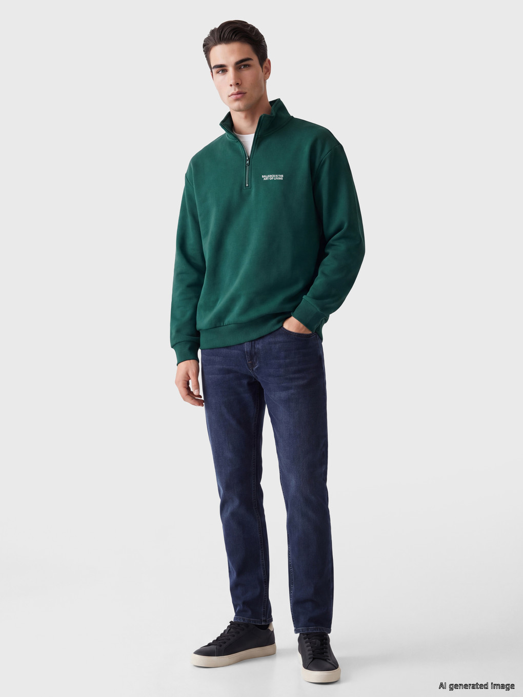 Petrol Dik Yaka Baskılı Erkek Sweatshirt-1