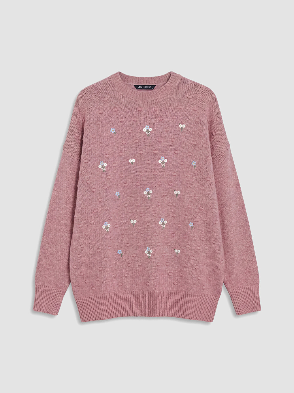 Pembe Bisiklet Yaka Çiçek Nakışlı Kadın Triko Tunik-4